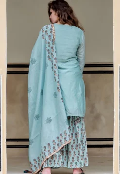 Hand Block Printed Chanderi Silk Pakistani Suit in Sky Blue