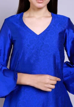 Hand Block Printed Cotton Silk Fit N Flare Dress in Royal Blue