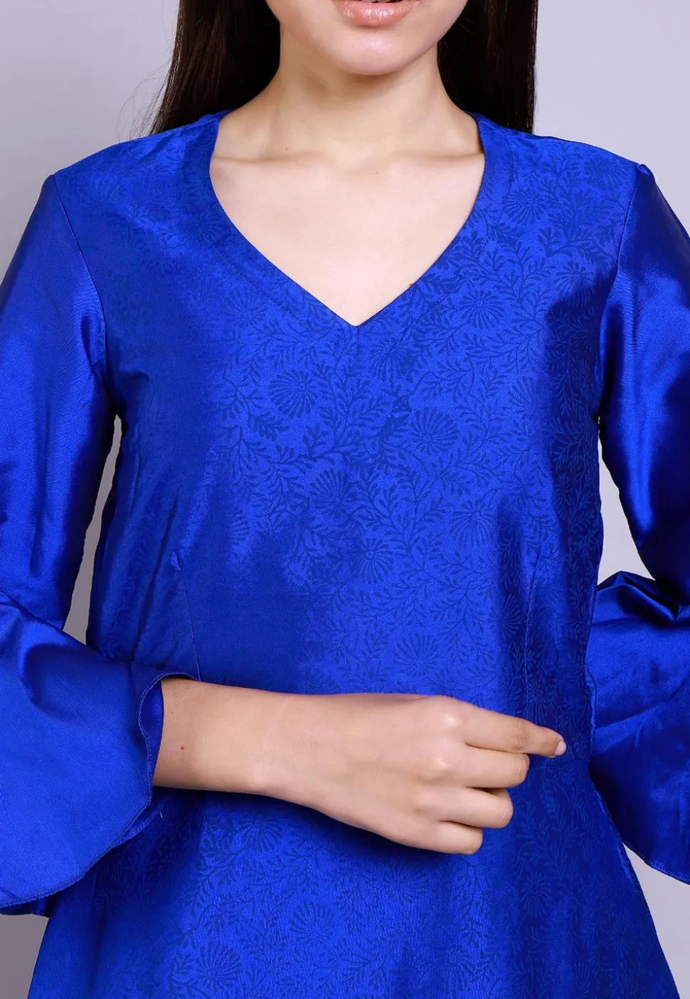 Hand Block Printed Cotton Silk Fit N Flare Dress in Royal Blue