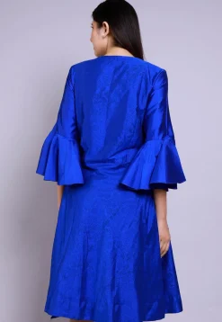Hand Block Printed Cotton Silk Fit N Flare Dress in Royal Blue