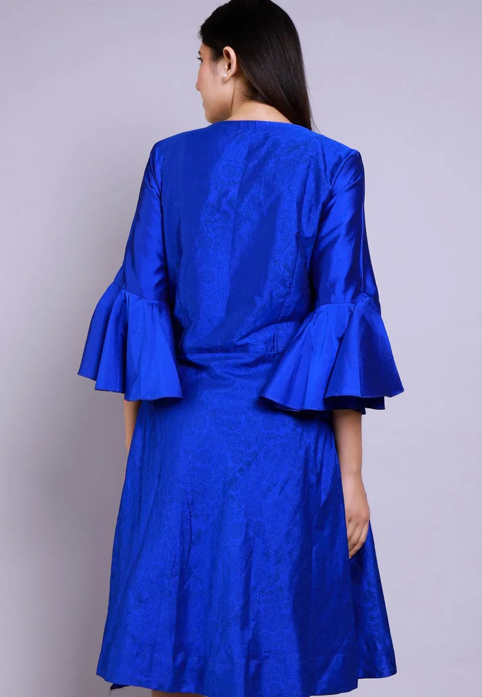 Hand Block Printed Cotton Silk Fit N Flare Dress in Royal Blue