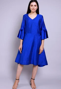 Hand Block Printed Cotton Silk Fit N Flare Dress in Royal Blue