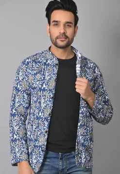 Hand Block Printed Cotton Reversible Warm Jacket in Blue