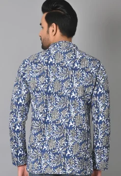 Hand Block Printed Cotton Reversible Warm Jacket in Blue