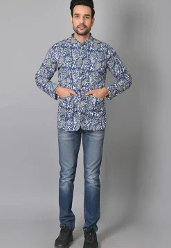 Hand Block Printed Cotton Reversible Warm Jacket in Blue