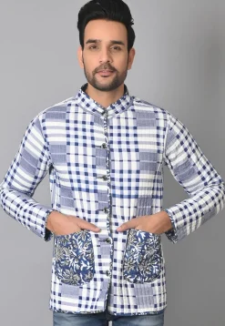 Hand Block Printed Cotton Reversible Warm Jacket in Blue