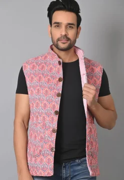 Hand Block Printed Cotton Reversible Warm Jacket in Peach