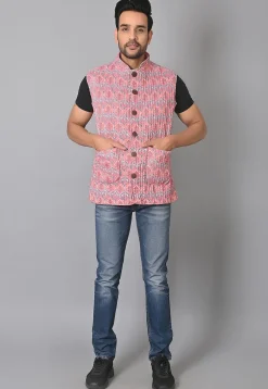 Hand Block Printed Cotton Reversible Warm Jacket in Peach