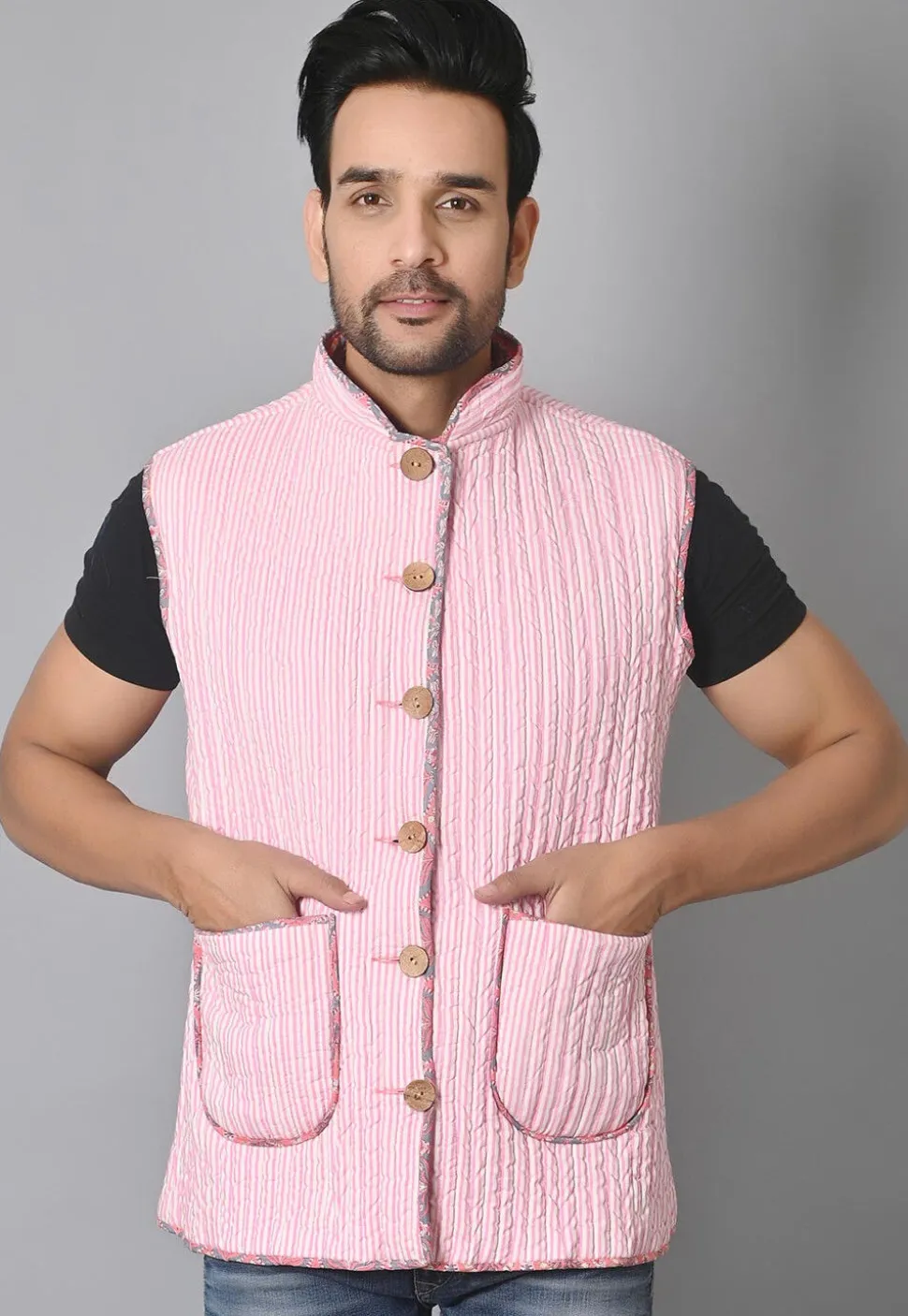 Hand Block Printed Cotton Reversible Warm Jacket in Peach