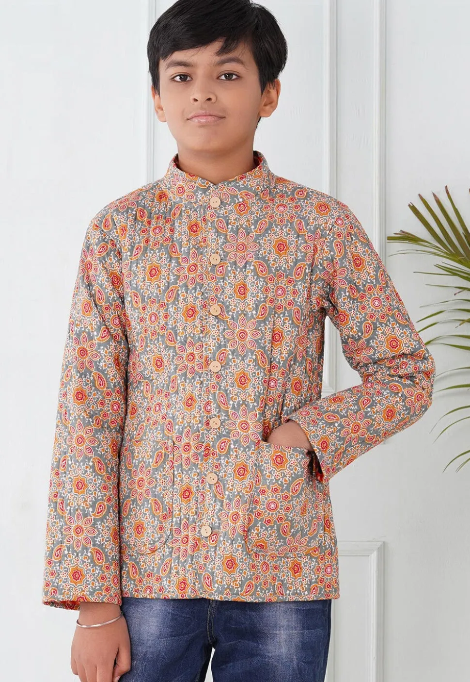 Hand Block Printed Cotton Reversible Jacket in Grey and Orange