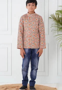 Hand Block Printed Cotton Reversible Jacket in Grey and Orange