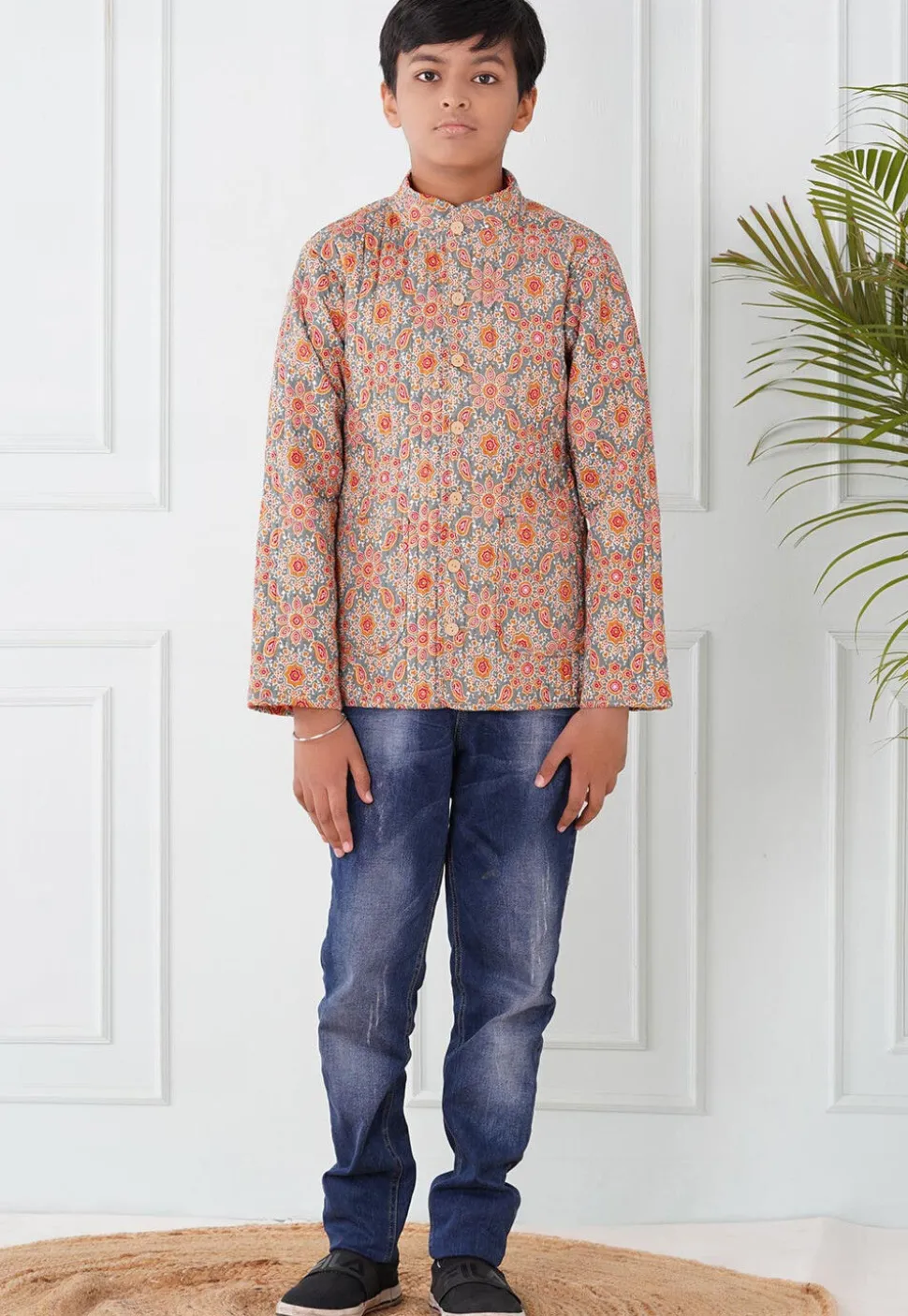 Hand Block Printed Cotton Reversible Jacket in Grey and Orange