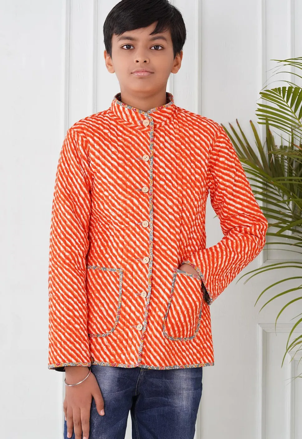 Hand Block Printed Cotton Reversible Jacket in Grey and Orange