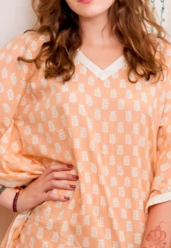 Hand Block Printed Cotton Kaftan in Peach