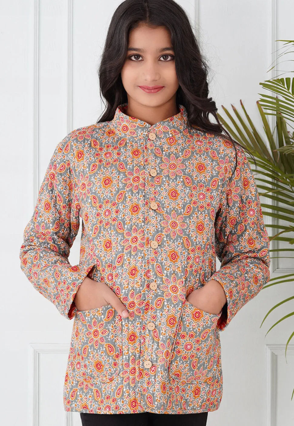 Hand Block Printed Cotton Reversible Jacket in Grey and Orange