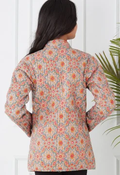 Hand Block Printed Cotton Reversible Jacket in Grey and Orange