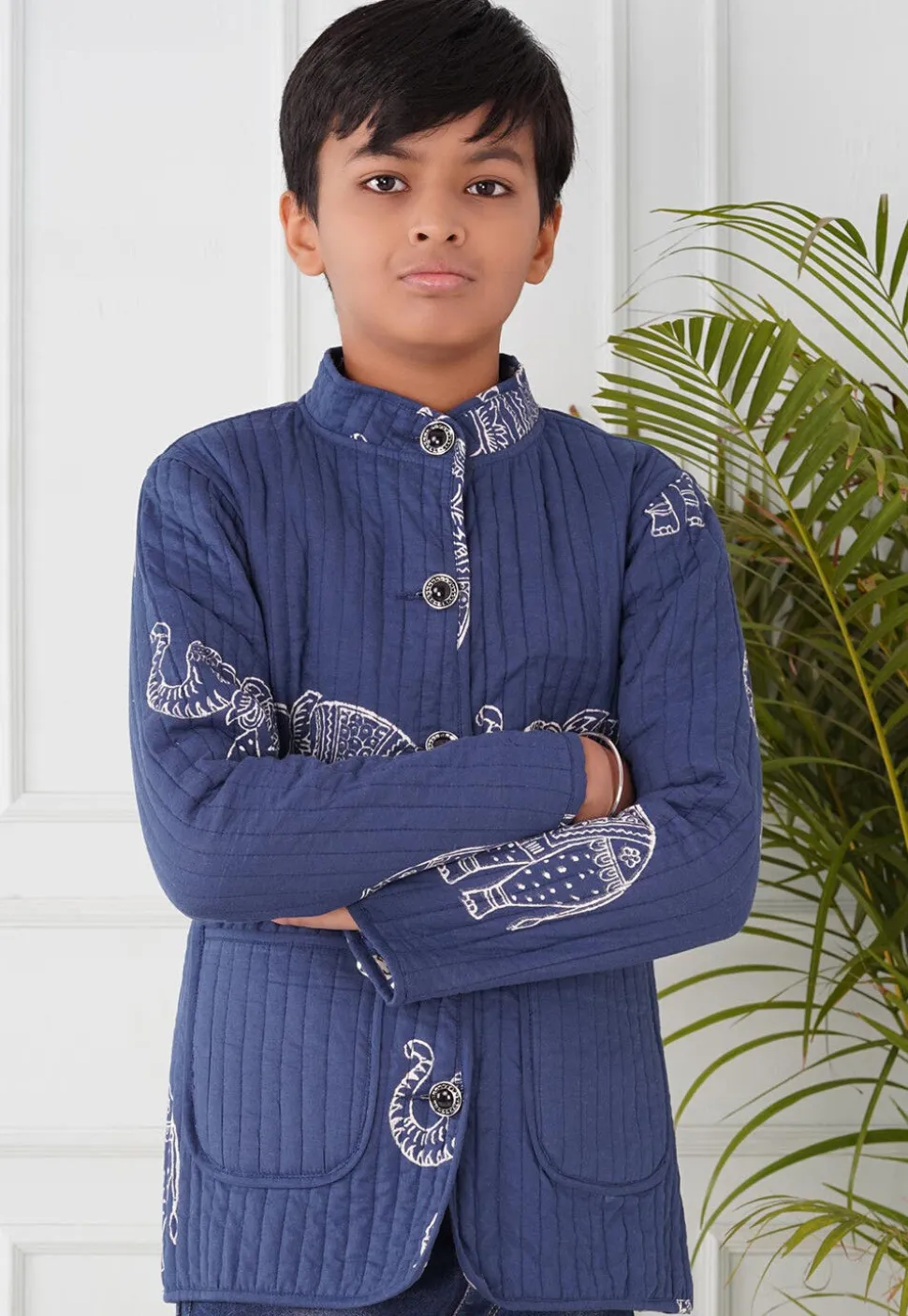 Hand Block Printed Cotton Reversible Jacket in Indigo Blue