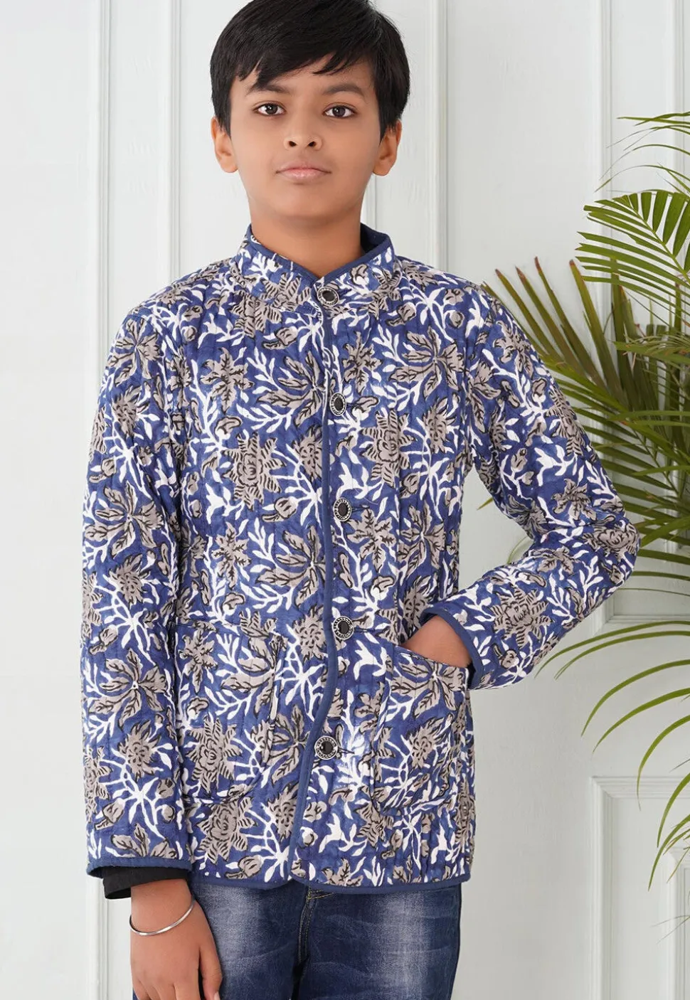 Hand Block Printed Cotton Reversible Jacket in Indigo Blue