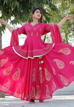 Hand Block Printed Cotton Lehenga in Pink