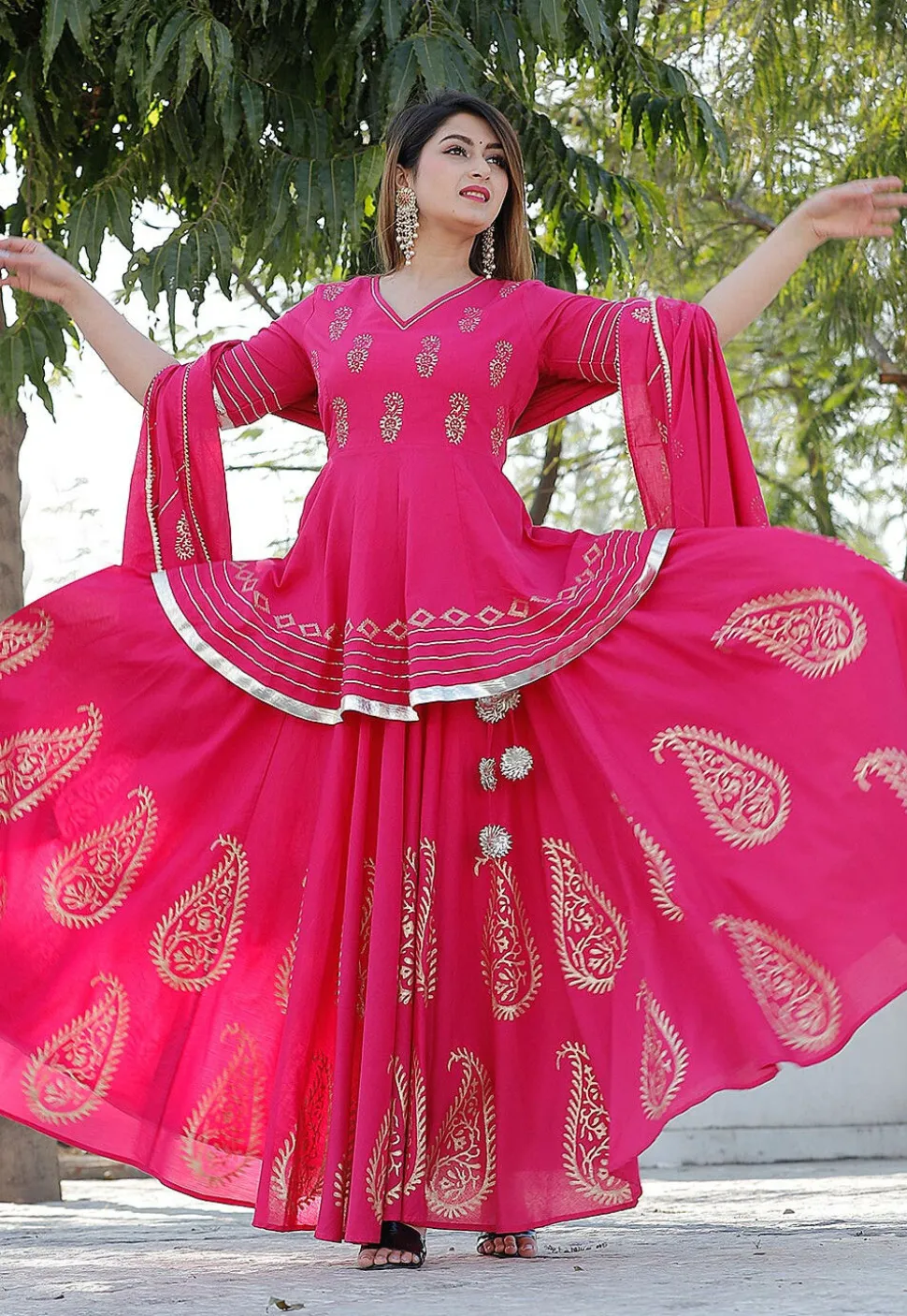 Hand Block Printed Cotton Lehenga in Pink