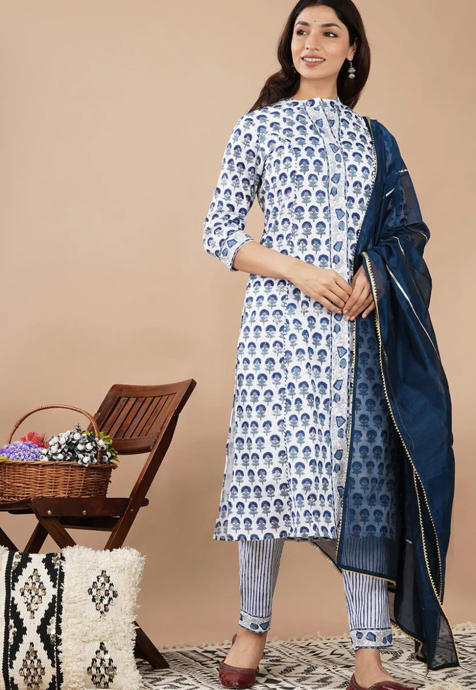 Hand Block Printed Cotton Pakistani Suit in Off White