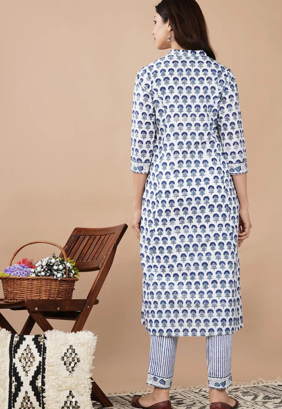 Hand Block Printed Cotton Pakistani Suit in Off White