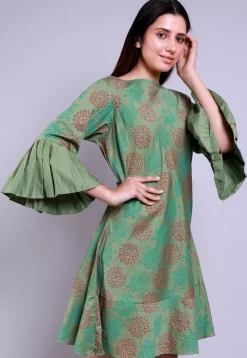 Hand Block Printed Cotton Silk Sheath Dress in Dusty Green