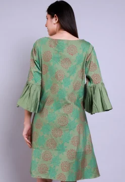 Hand Block Printed Cotton Silk Sheath Dress in Dusty Green