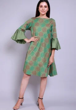 Hand Block Printed Cotton Silk Sheath Dress in Dusty Green