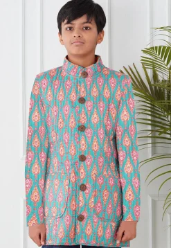 Hand Block Printed Cotton Jacket in Sea Green