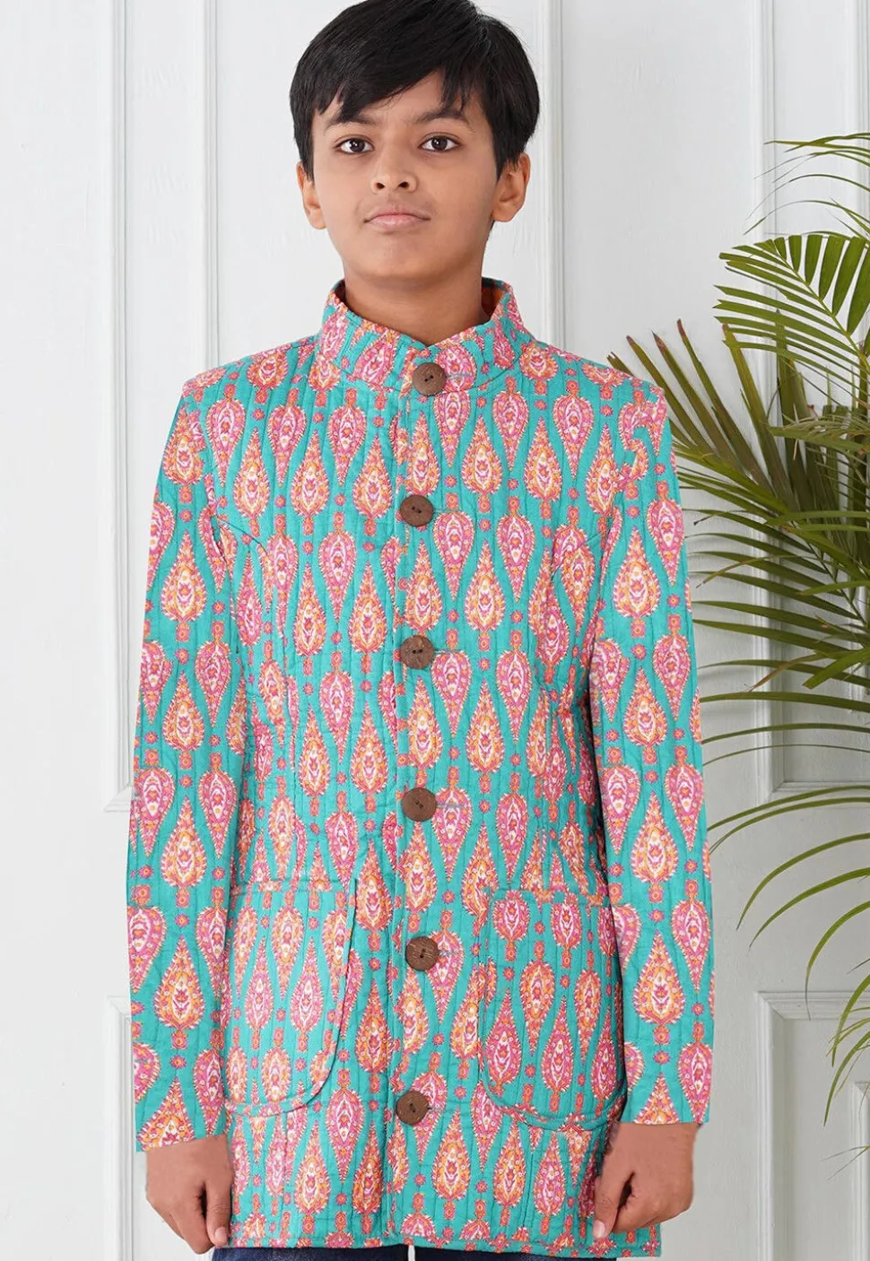 Hand Block Printed Cotton Jacket in Sea Green