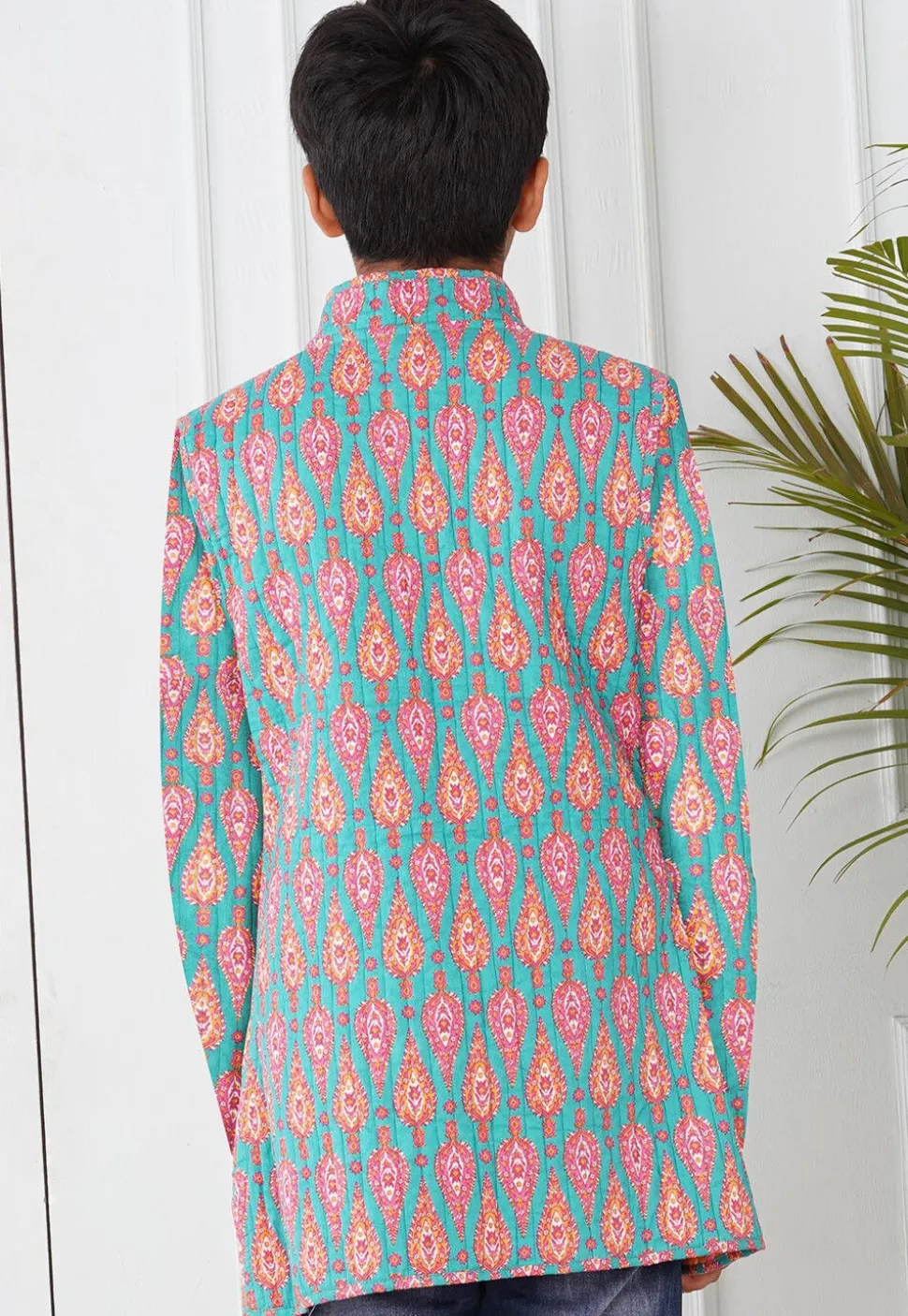 Hand Block Printed Cotton Jacket in Sea Green