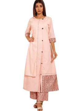 Hand Block Printed Cotton Asymmetric Kurta in Light Pink