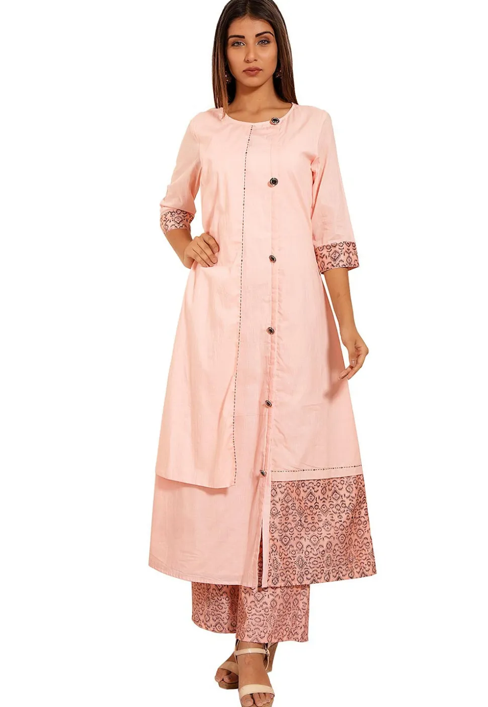 Hand Block Printed Cotton Asymmetric Kurta in Light Pink