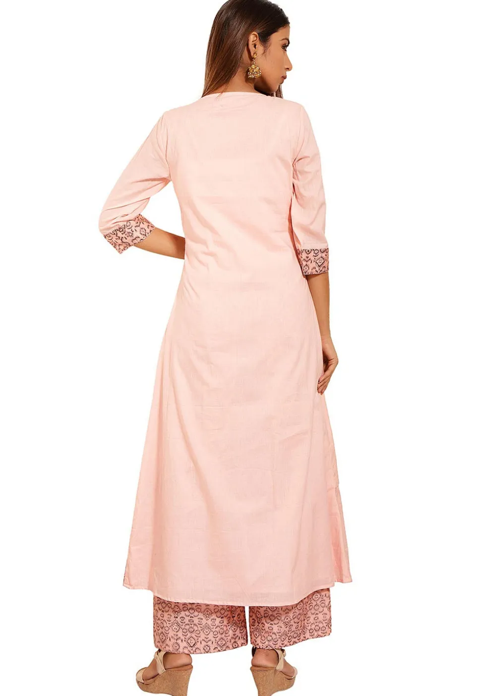 Hand Block Printed Cotton Asymmetric Kurta in Light Pink