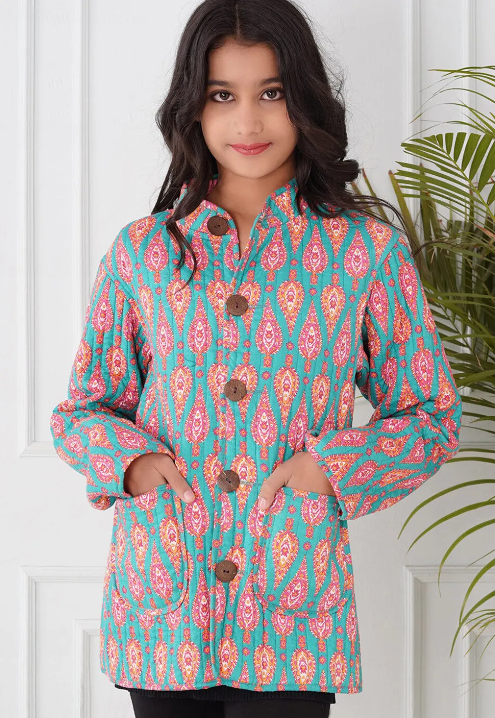 Hand Block Printed Cotton Reversible Jacket in Pink and Sea Green