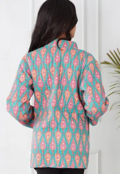 Hand Block Printed Cotton Reversible Jacket in Pink and Sea Green