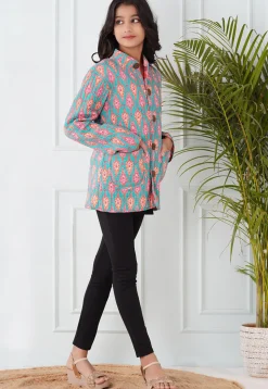 Hand Block Printed Cotton Reversible Jacket in Pink and Sea Green