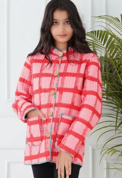 Hand Block Printed Cotton Reversible Jacket in Pink and Sea Green