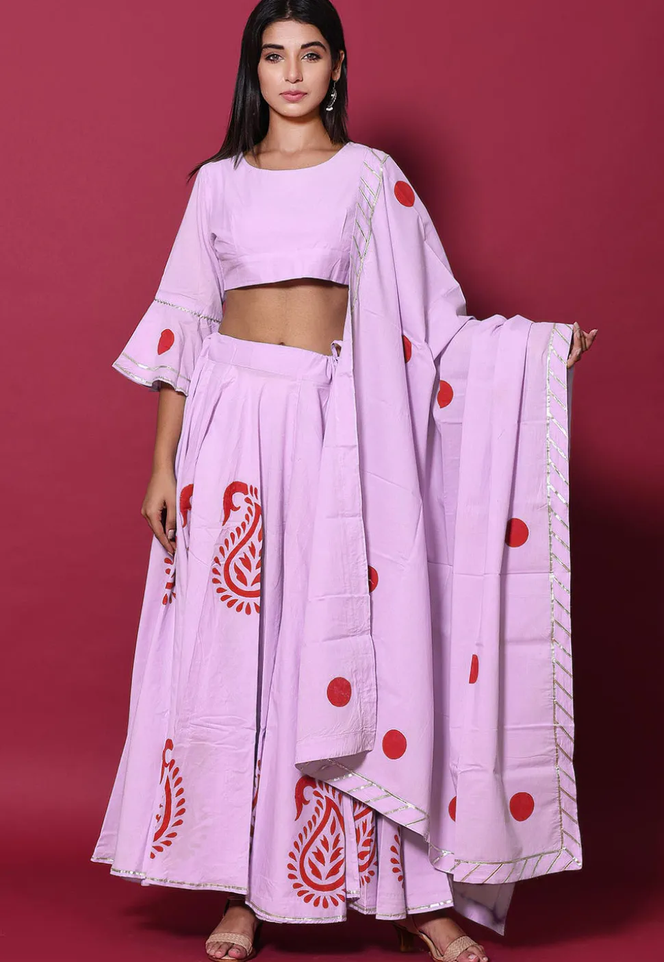 Hand Block Printed Cotton Lehenga in Light Purple