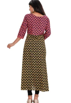 Hand Block Printed Cotton A Line Kurta in Multicolor