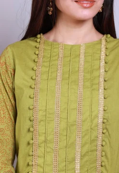 Hand Block Printed Cotton Abaya Style Suit in Olive Green