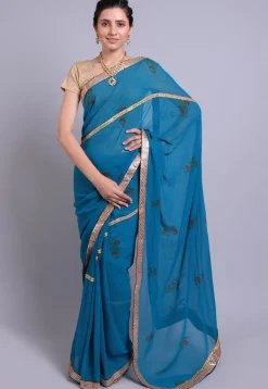 Hand Block Printed Georgette Saree in Teal Blue