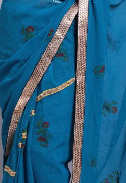 Hand Block Printed Georgette Saree in Teal Blue