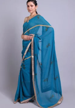 Hand Block Printed Georgette Saree in Teal Blue