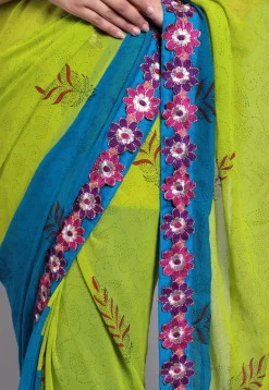 Hand Block Printed Georgette Saree in Green and Teal Blue