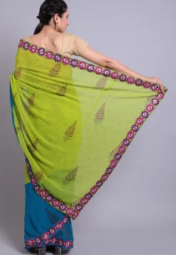 Hand Block Printed Georgette Saree in Green and Teal Blue