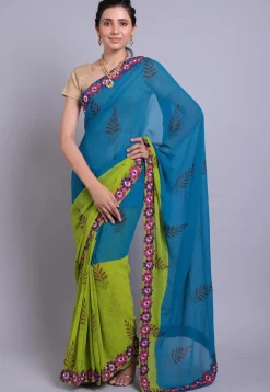 Hand Block Printed Georgette Saree in Teal Blue and Green