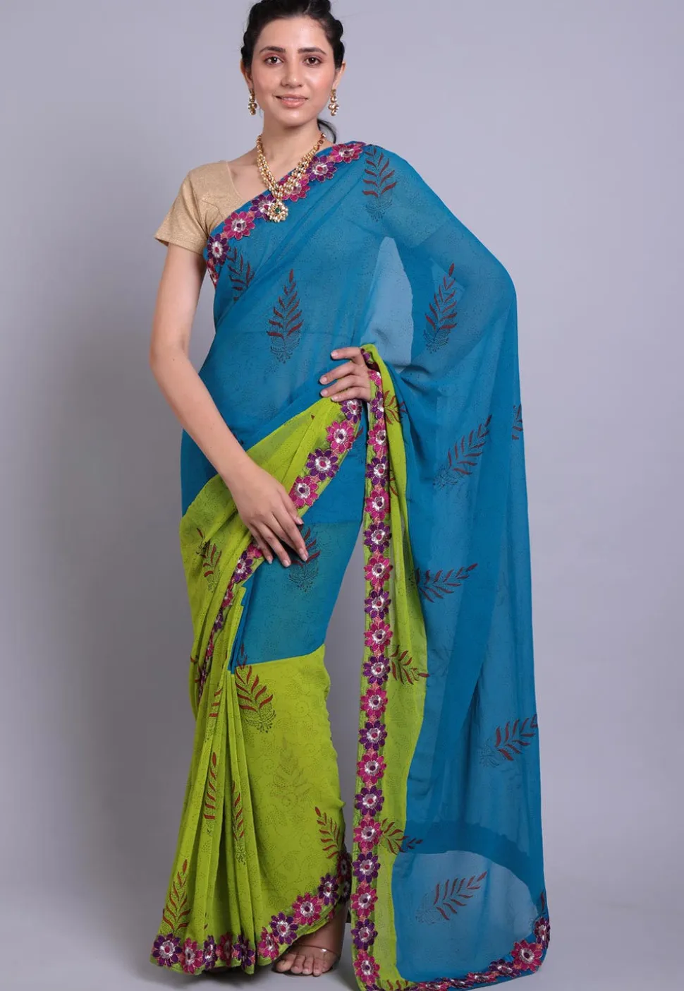 Hand Block Printed Georgette Saree in Teal Blue and Green