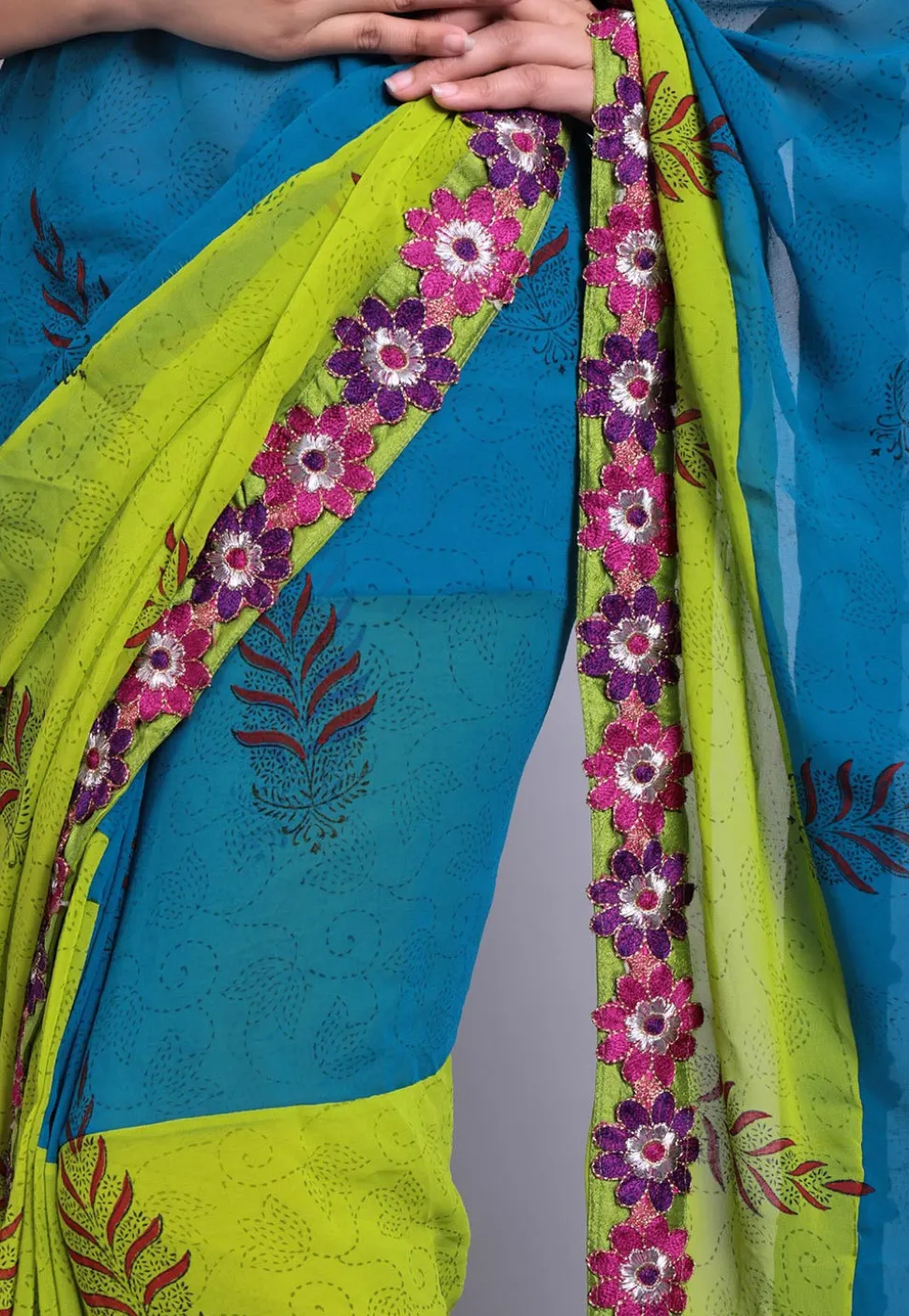 Hand Block Printed Georgette Saree in Teal Blue and Green